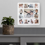 Relógio Quadrado Colagem de Grade de Fotografias da Memória da Famí<br><div class="desc">Um belo presente personalizado para o seu Pai que ele vai apreciar durante anos. Apresenta um esquema moderno de 13 quadrículas de fotografias para mostrar 13 das suas próprias memórias de fotografias da família especial. "Pai" desenhado em um belo estilo de roteiro preto manuscrito. Cada foto é emoldurada por uma...</div>