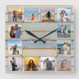 Relógio Quadrado Colagem de madeira com 12 fotos no Oceano Praia