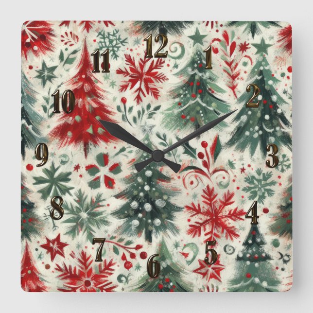 Relógio Quadrado Colagem de Motifs de Natal Vermelhos e Verdes (Frente)
