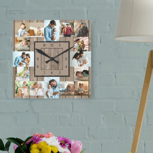 Relógio Quadrado Colagem Fotográfica 16 Imagem Madeira Rústica Nu