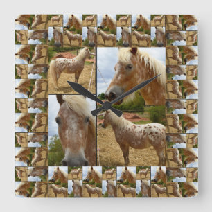 Relógio Quadrado Colagem Fotográfica de Cavalos Appaloosa,