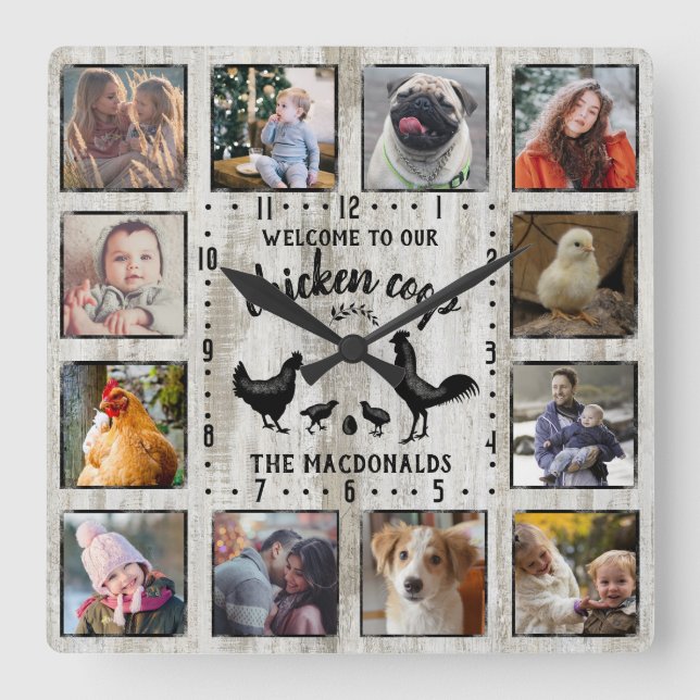 Relógio Quadrado Colagem Fotográfica de Coop de Galinhas de Fábrica (Frente)