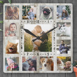 Relógio Quadrado Colagem Fotográfica Familiar 13 Fotos Madeira Farm<br><div class="desc">Este simples e moderno relógio quadrado de fotos da família do estilo fazenda é fácil de personalizar com 13 fotos do Instagram. Use as modelos fáceis. Os números do relógio são negros. O fundo é um grão de madeira rústico. Celebre sua família com este simples relógio chic,  personalizado!</div>