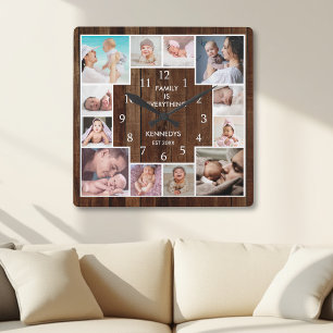 Relógio Quadrado Colagem Fotográfica Personalizada da Família 12 Ma