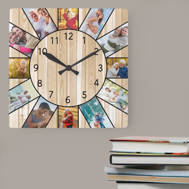 Relógio Quadrado Colagem Fotográfica Personalizada da Família Pine  (Photo clock with 12 photos, one at each hour. Great design for your home or a thoughtful photo gift.)