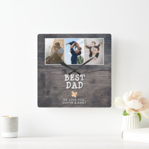 Relógio Quadrado Colagem Fotográfica Rustic Wood Best Pai 3 Keepsae