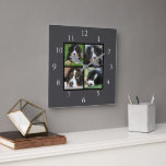 Relógio Quadrado Colagem personalizada da família de cinzas Escuras<br><div class="desc">Colagem de fotos da família no relógio de fundo da cinza escura. Adicione suas próprias fotos pessoais para personalizar o relógio.</div>
