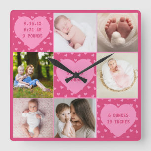 Relógio Quadrado Colagem Personalizada de 6 Fotos de Bebê Recém-Nas