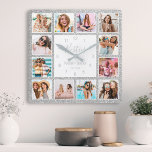 Relógio Quadrado Colagem Personalizada de Fotos Besties Silver Glit<br><div class="desc">Torne esta tendência elegante,  branca e cintilante prateado,  o relógio de colagem de fotos reluzente,  exclusivo com 12 das suas fotos favoritas com o(s) seu(s) melhor(s) amigo(s). O design também apresenta o moderno roteiro de "Besties" escrito à mão,  seus nomes e a data que você conheceu.</div>