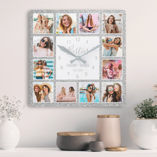 Relógio Quadrado Colagem Personalizada de Fotos Besties Silver Glit