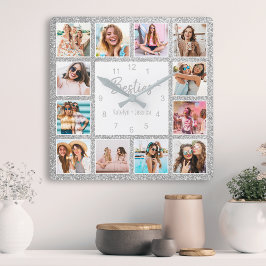 Relógio Quadrado Colagem Personalizada de Fotos Besties Silver Glit