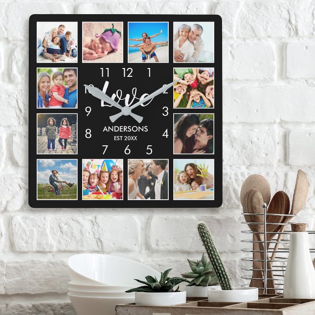 Relógio Quadrado Colagem Personalizada de Fotos da Família em Preto (Criador carregado)