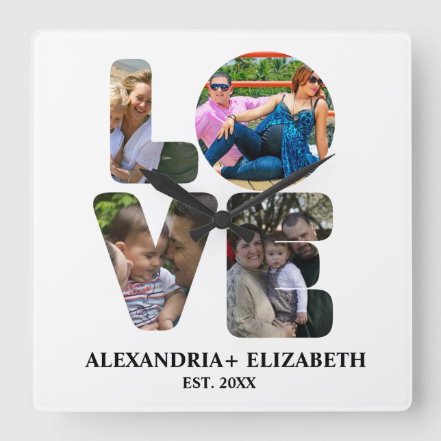 Relógio Quadrado Colagem personalizada de fotos de amor moderno 4 p (Frente)