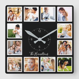 Relógio Quadrado Colagem Personalizada Preta e Branca com 12 Fotos