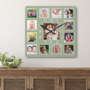 Relógio Quadrado Colar de Fotos Personalizado de 13 Fotos Família V