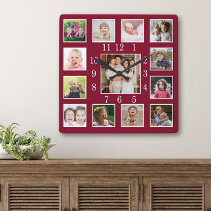 Relógio Quadrado Colar de Fotos Personalizado de 13 Fotos Família V