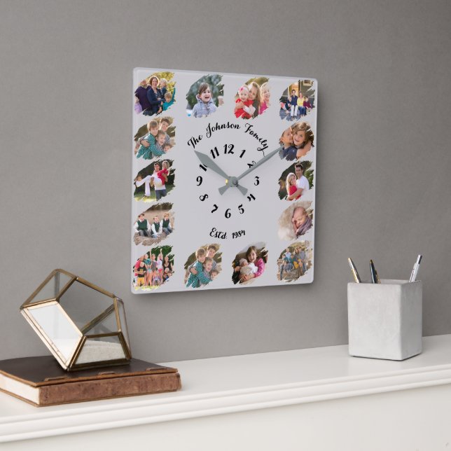 Relógio Quadrado Colar de Fotos Personalizado Família Cinza Claro (Escritório)