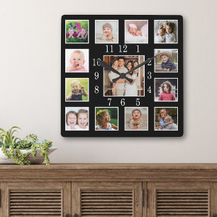 Relógio Quadrado Colar de Fotos Personalizado Preto Família 13 Lemb