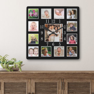 Relógio Quadrado Colar de Fotos Personalizado Preto Família 13 Lemb