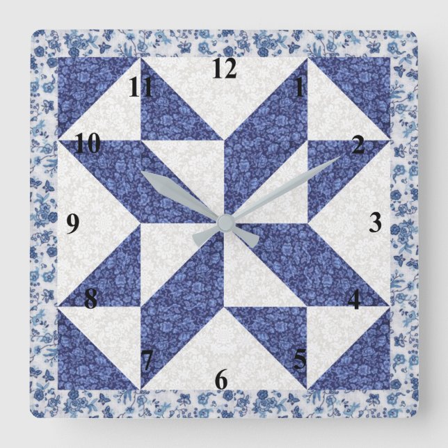 Relógio Quadrado Colcha Falsa Azul e Branco Calico (Frente)