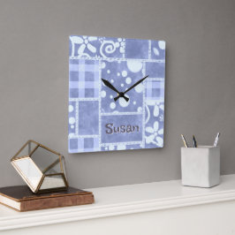 Relógio Quadrado Colcha Louca Xadrez Azul Floral Personalizada 