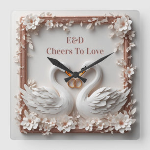 Relógio Quadrado 🕊️ Coleção Casamento Floral Coração de Cisne 🕊️