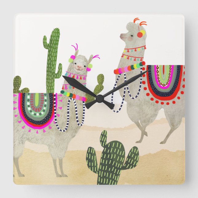 Relógio Quadrado Coleção Llamarama| Lhamas-brancas (Frente)