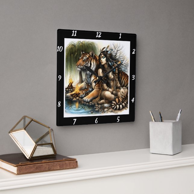 Relógio Quadrado Coleta Nativa: Força do Tigre - Fogo Sagrado (Escritório)