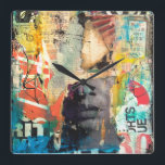 Relógio Quadrado Collage Head<br><div class="desc">Collage Head by Erin Ashley. Features a grungy style with various newspaper and paper clippings layered over one another. | 140547GG</div>