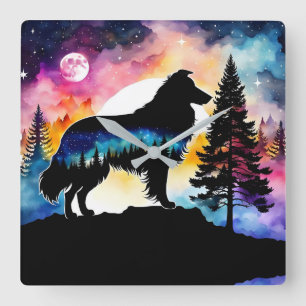 Relógio Quadrado Collie no topo da montanha sobre floresta colorida