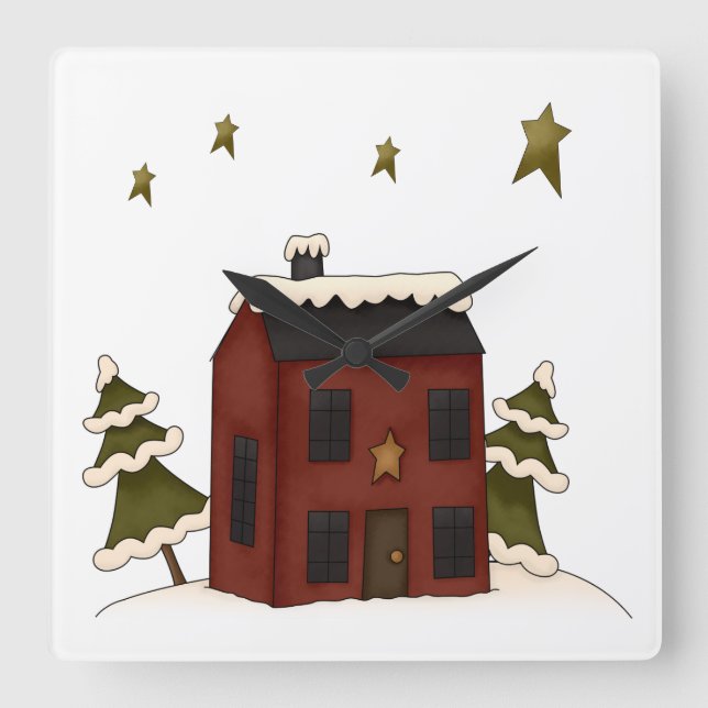 Relógio Quadrado Colonial Vermelha Primitiva na Neve (Frente)