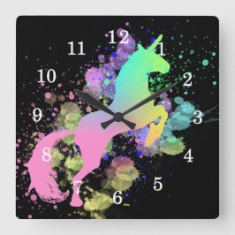 Relógio Quadrado Color Splash Fantasy Rainbow Unicorn