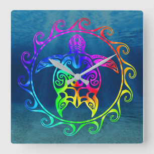 Relógio Quadrado Colorful Tribal Turtle