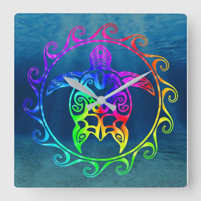 Relógio Quadrado Colorful Tribal Turtle (Frente)