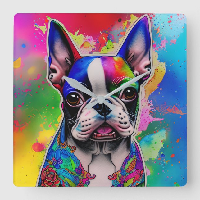 Relógio Quadrado Colorida Boston Terrier Paint Splashes (Frente)