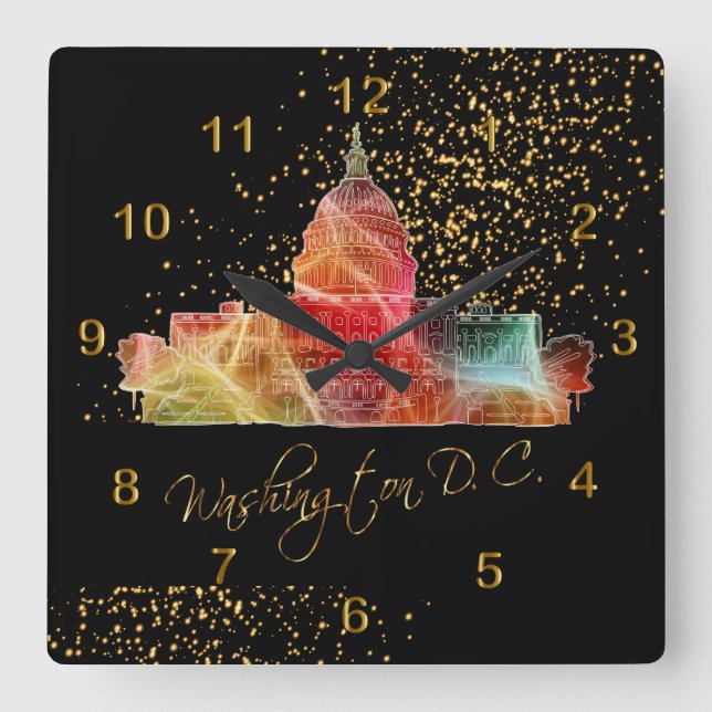 Relógio Quadrado Colorida Washington DC Skyline (Frente)