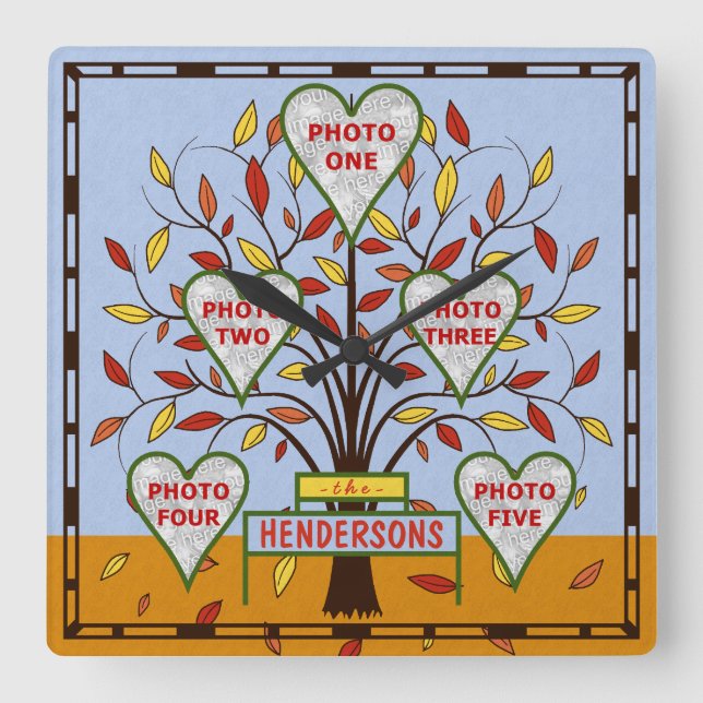 Relógio Quadrado Coluna de Fotos Personalizada da Árvore Familiar 5 (Frente)