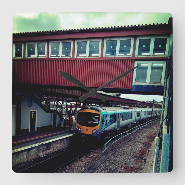 Relógio Quadrado Comboio azul claro, debaixo da ponte (Frente)