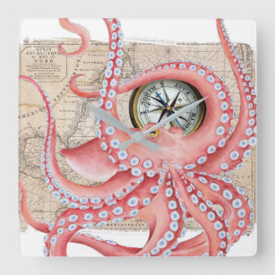 Relógio Quadrado Compactação de Mapa Vintage do Octopus Vermelho