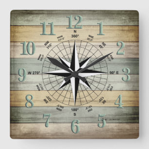 Relógio Quadrado Compass Náutico sobre Madeira de Praia Colorida R