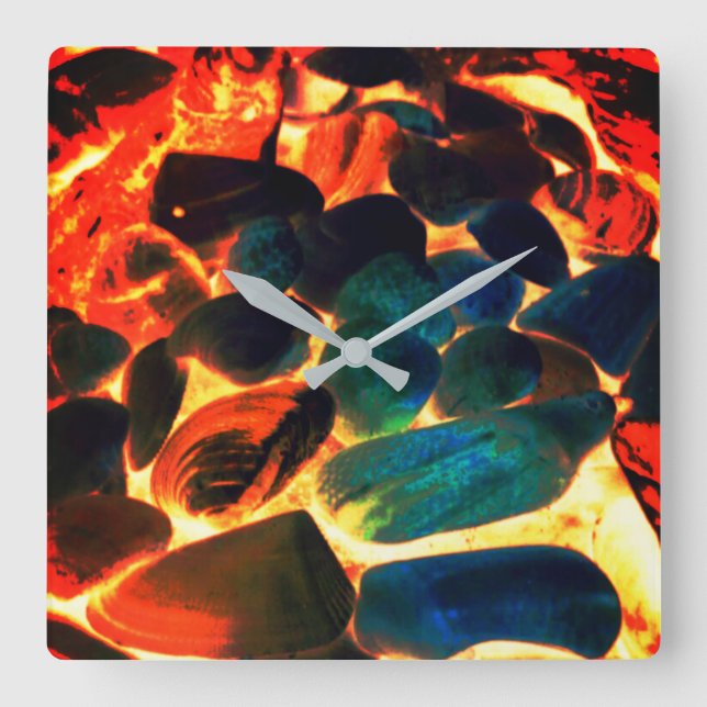 Relógio Quadrado Concha de ostras do mar em lava vulcânica ou membr (Frente)