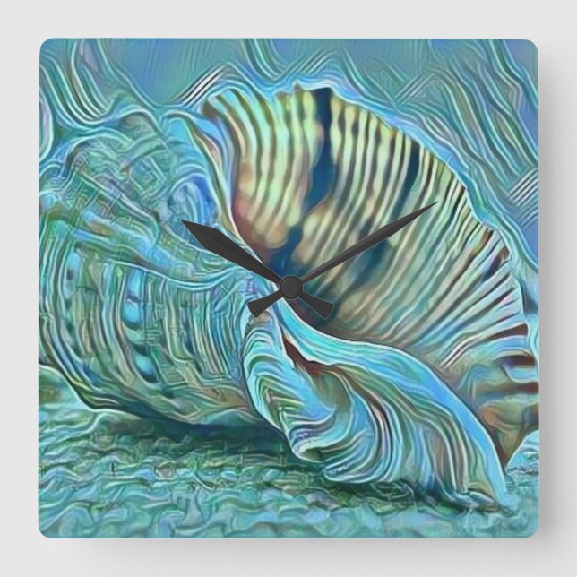 Relógio Quadrado Conchas verdes azuis na pintura de praia (Frente)