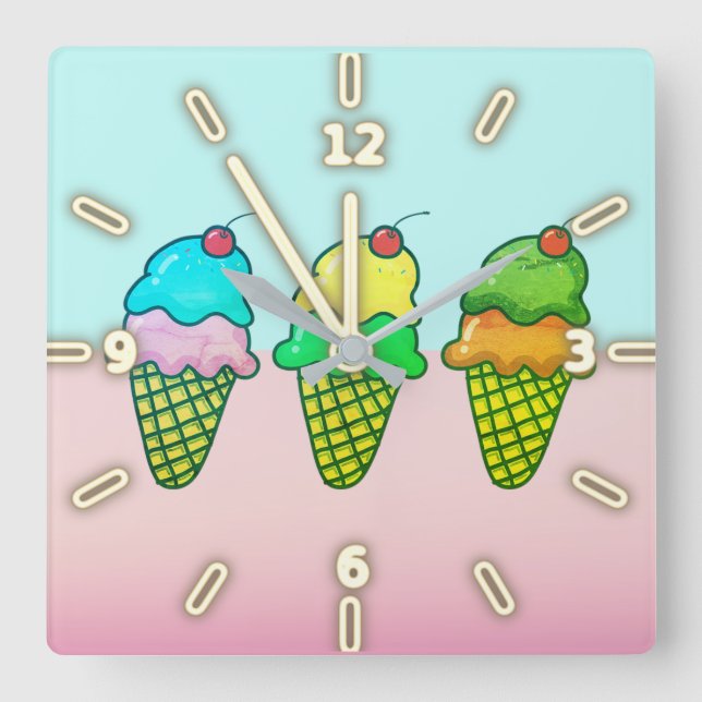 Relógio Quadrado Cones de Sorvete Coloridos legal (Frente)