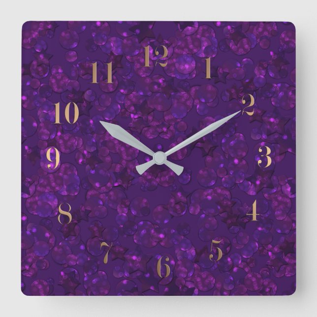 Relógio Quadrado Confetti roxo (Frente)