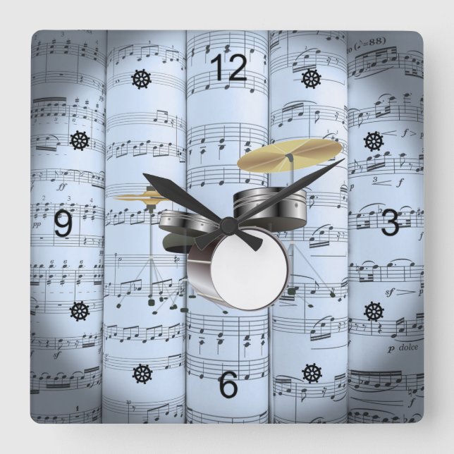 Relógio Quadrado Conjunto de Tambores~Música em Folha Rolada~Fundo  (Frente)