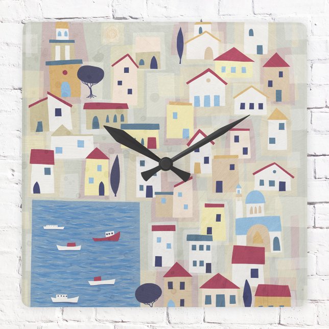 Relógio Quadrado Contemporâneo Moderno da Cidade Grega (Halki Greece modern art clock)