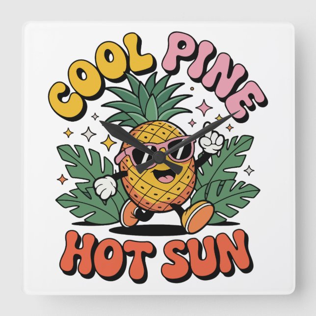 Relógio Quadrado Cool Pine Hot Sun Retro Pineapple Summer Vibes (Frente)