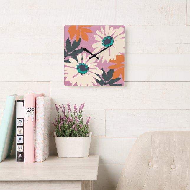 Relógio Quadrado Cor branca rosa Pop das Visitas Artísticas Florais (Sala de leitura)