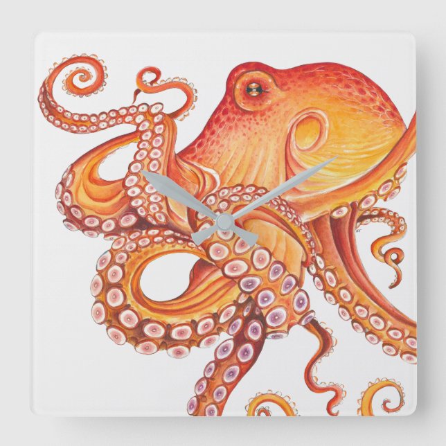 Relógio Quadrado Cor d'água do polvo laranja vermelho (Frente)