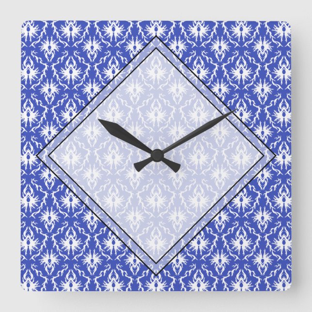 Relógio Quadrado cor damasco na moda. Azul e branco. (Frente)